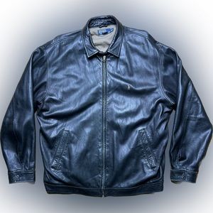 Vintage Mens Polo Ralph Lauren Black Soft Leather Jacket Houndstooth Lining XL
